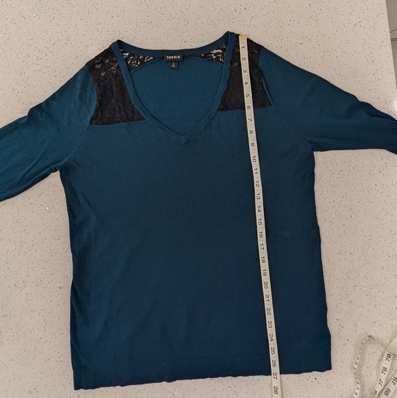 Torrid Dark Teal Black Lace Inset Sweater V-Neck Pullover Long Sleeve Fitted 2X - Picture 5 of 11